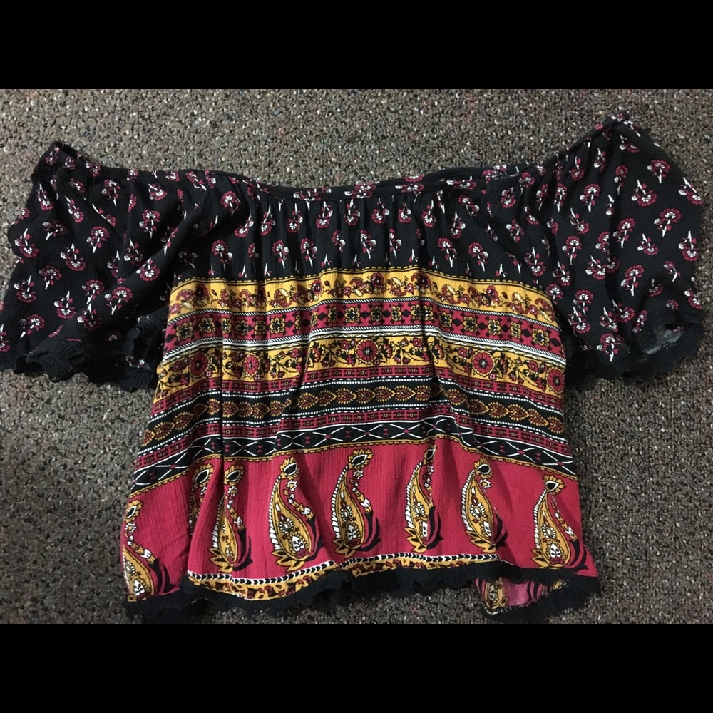 Multi-print off the shoulder crop top